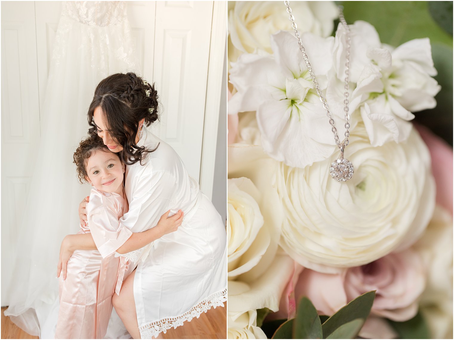 bride hugs daughter on wedding morning 