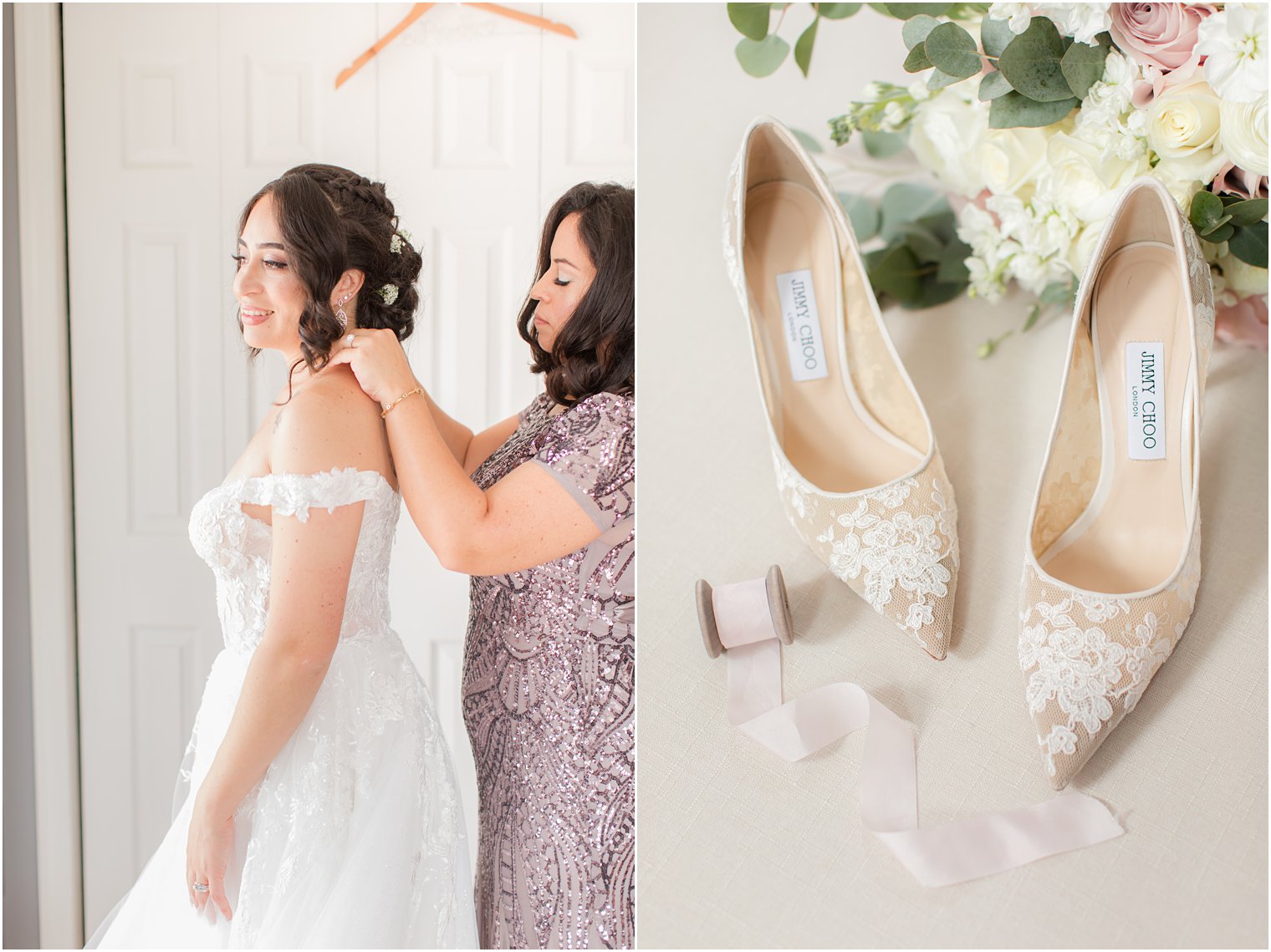 mother helps bride with wedding jewelry for NJ wedding celebration 