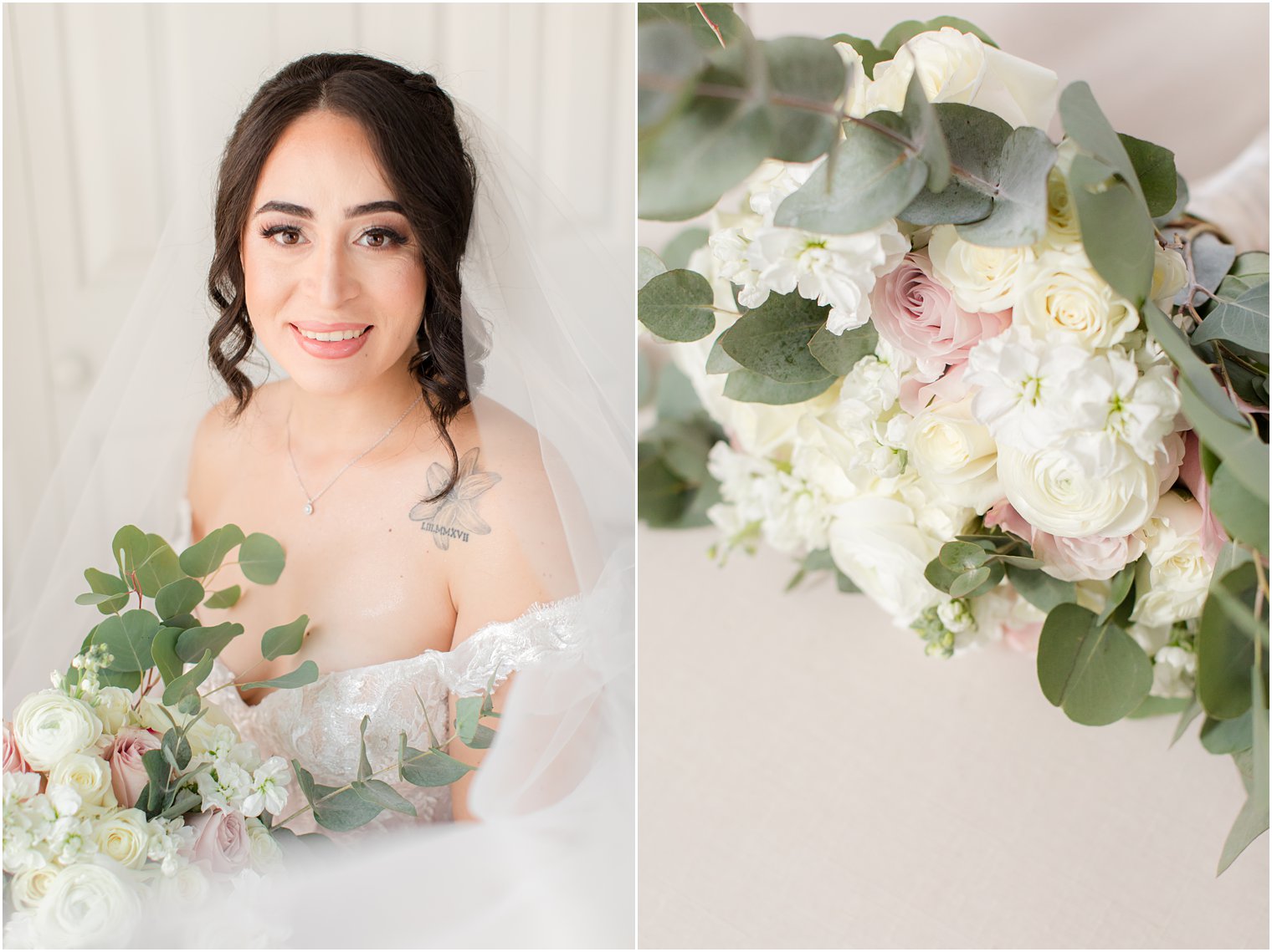 bride sits with veil wrapped arounds shoulders during wedding morning 