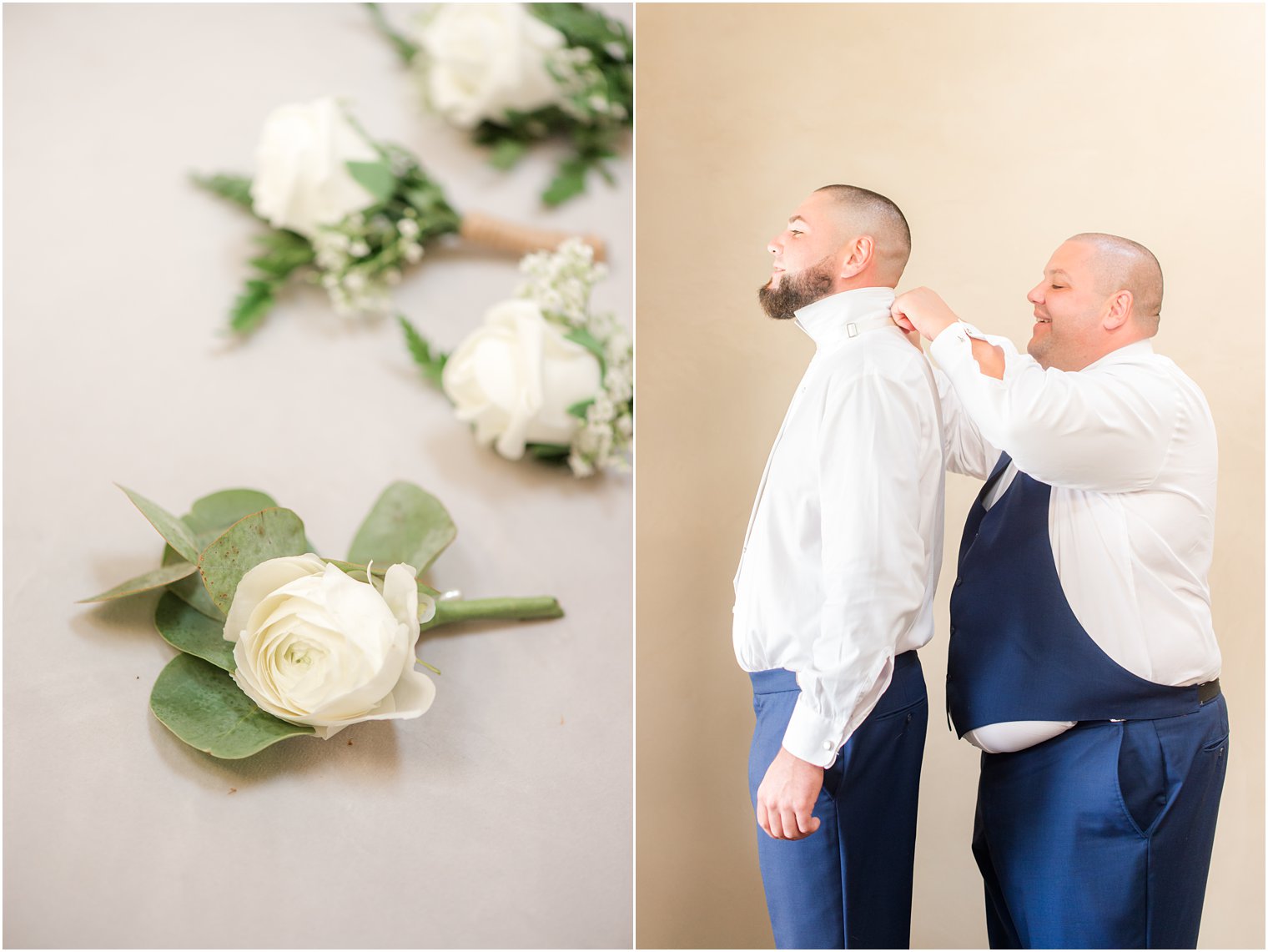 groomsman helps groom with collar on shirt for NJ wedding