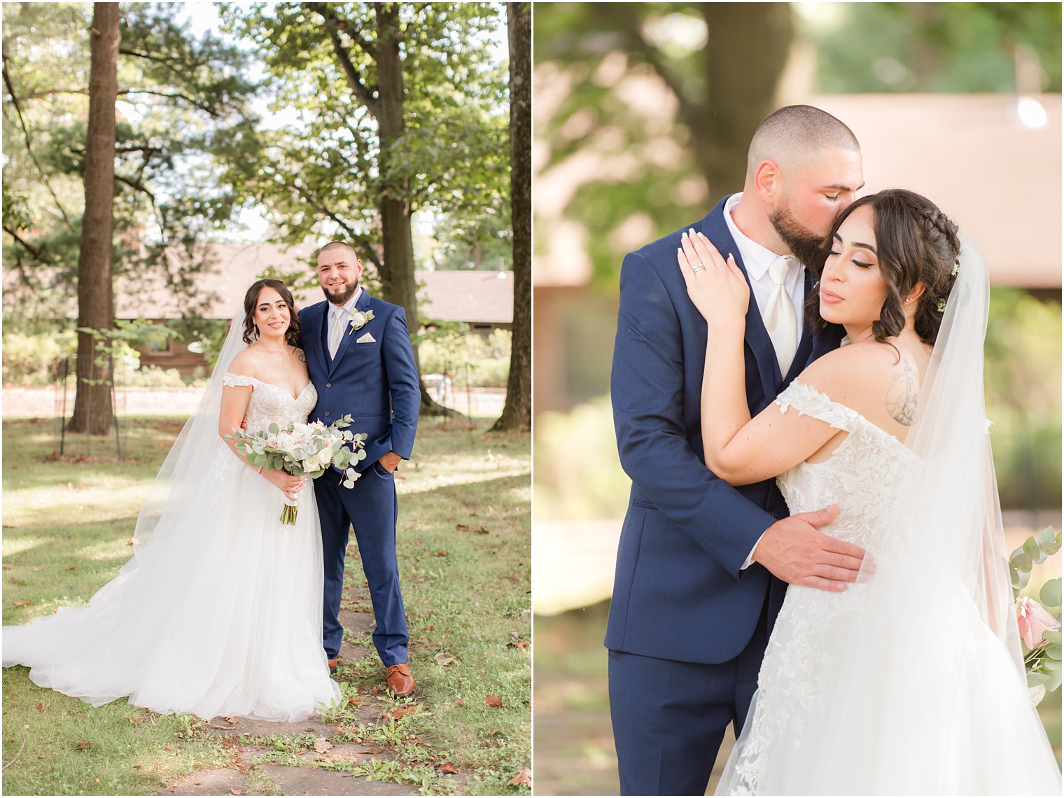 NJ couple hugs together during wedding portraits at Rutgers Gardens