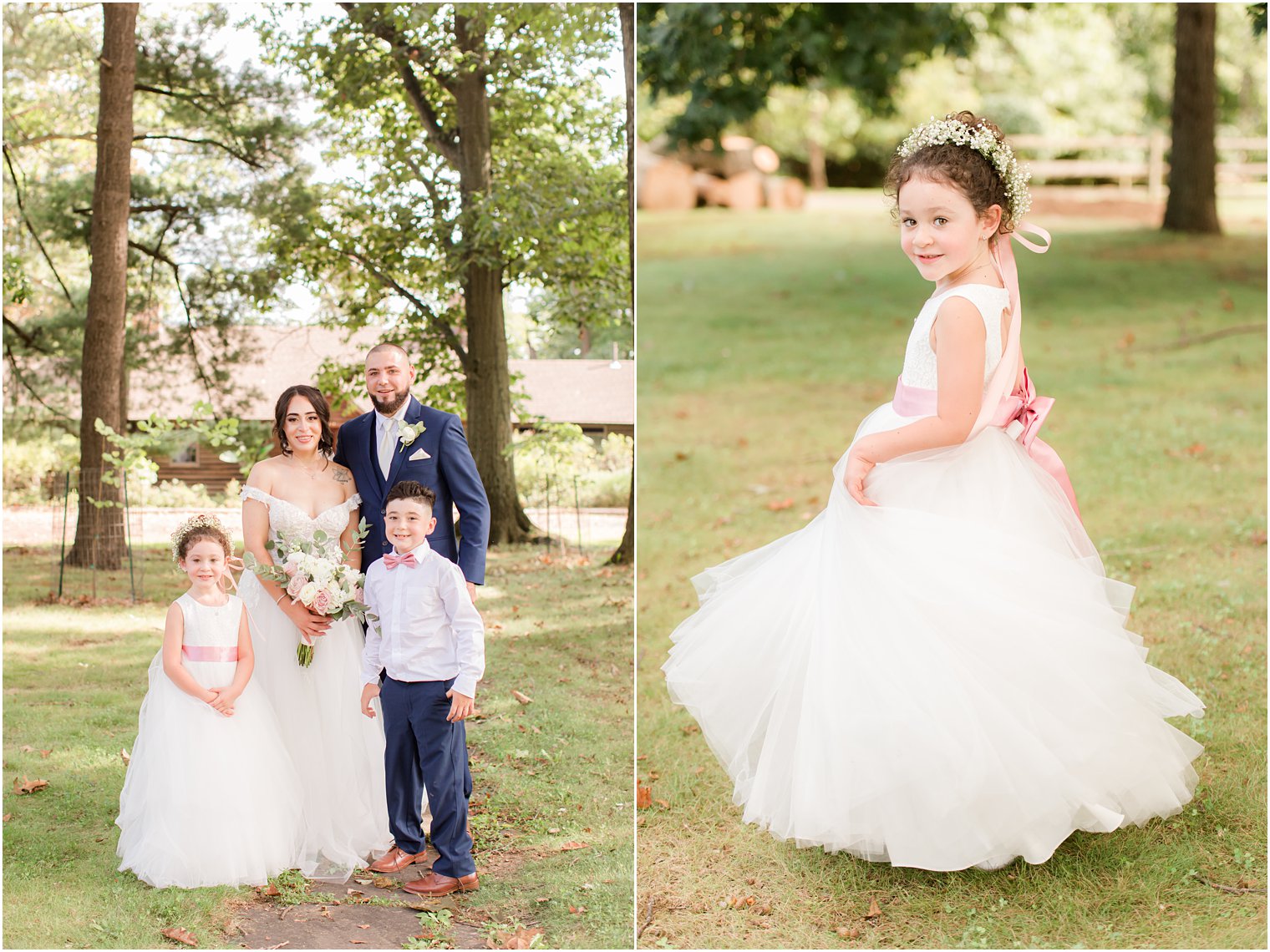 newlyweds pose with children during NJ wedding portraits 