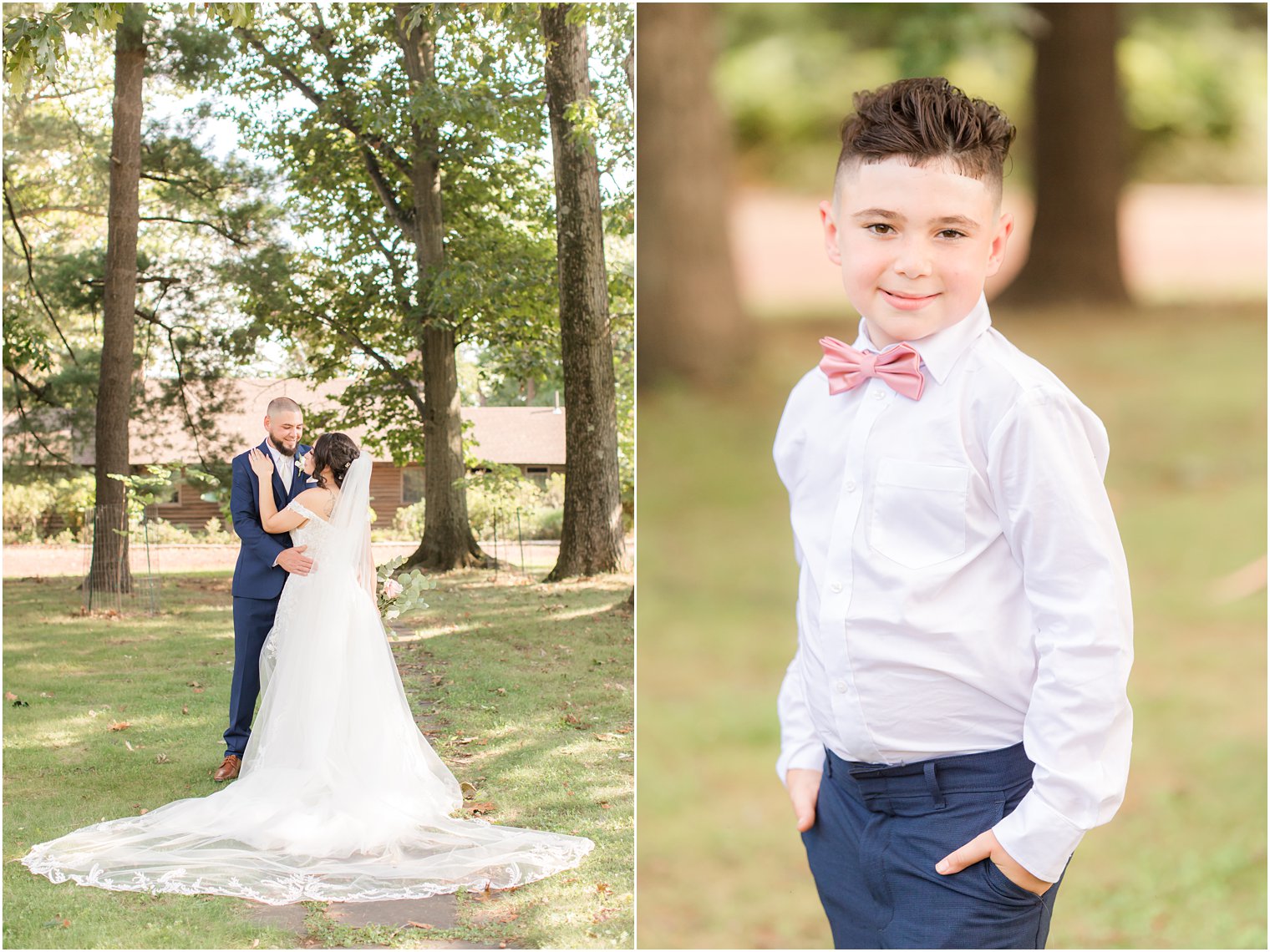 newlyweds pose next to son in pink bowtie on wedding day
