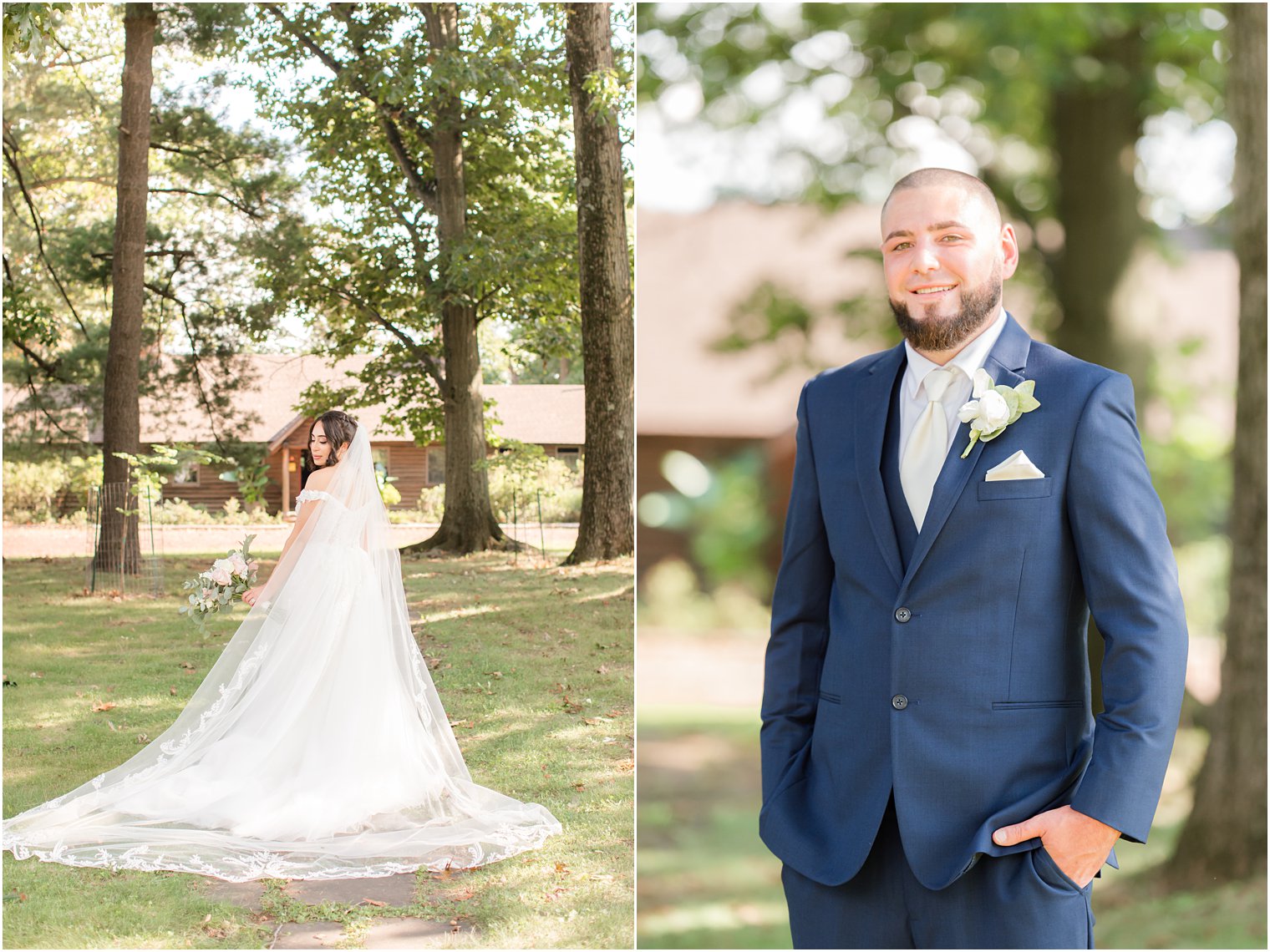 bride looks over shoulder with veil draped around back