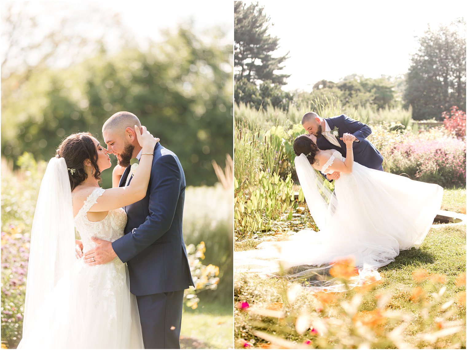 groom dips bride during NJ wedding portraits at Rutgers Gardens