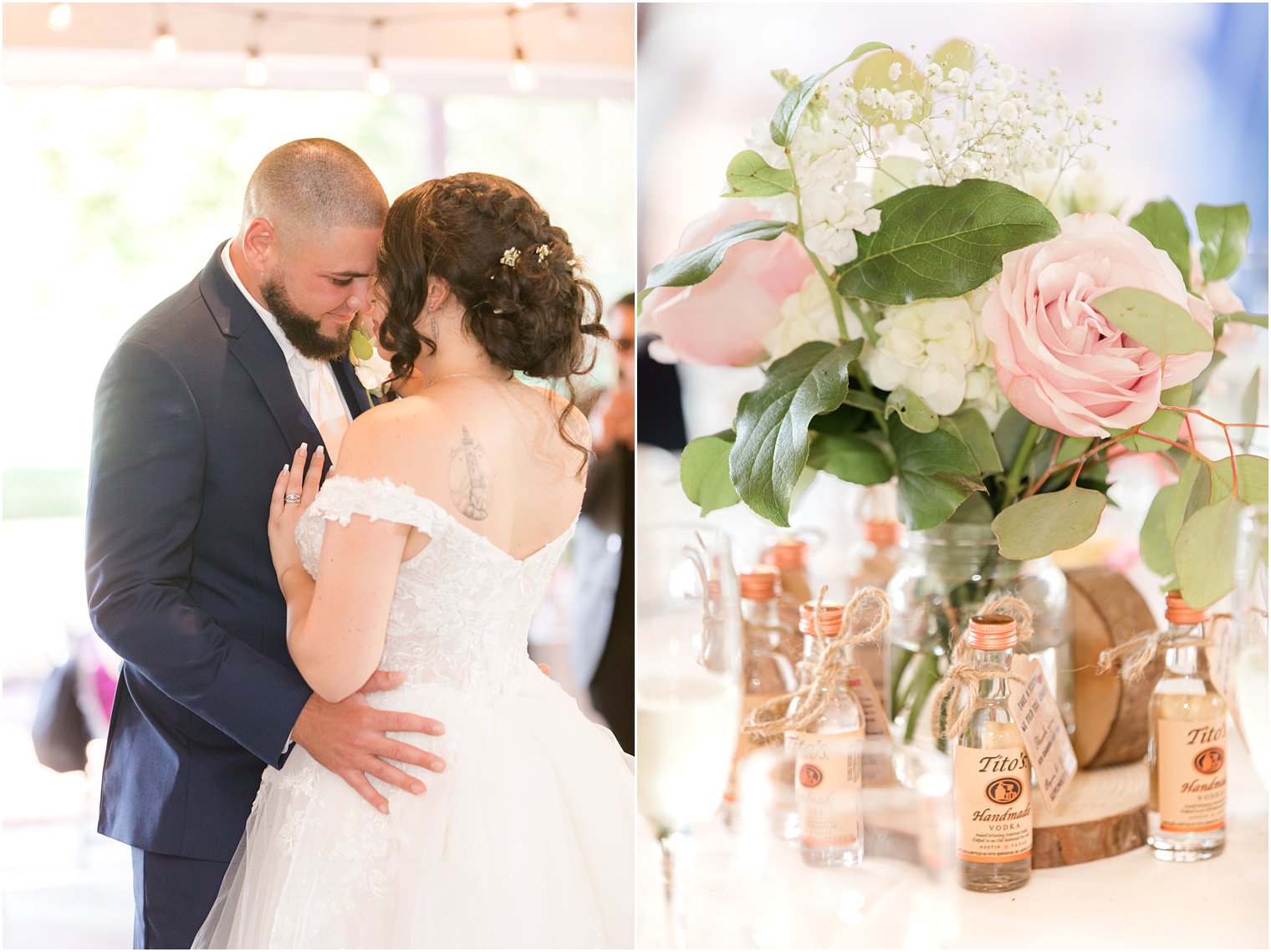 simple centerpieces with pink roses and baby's breath 