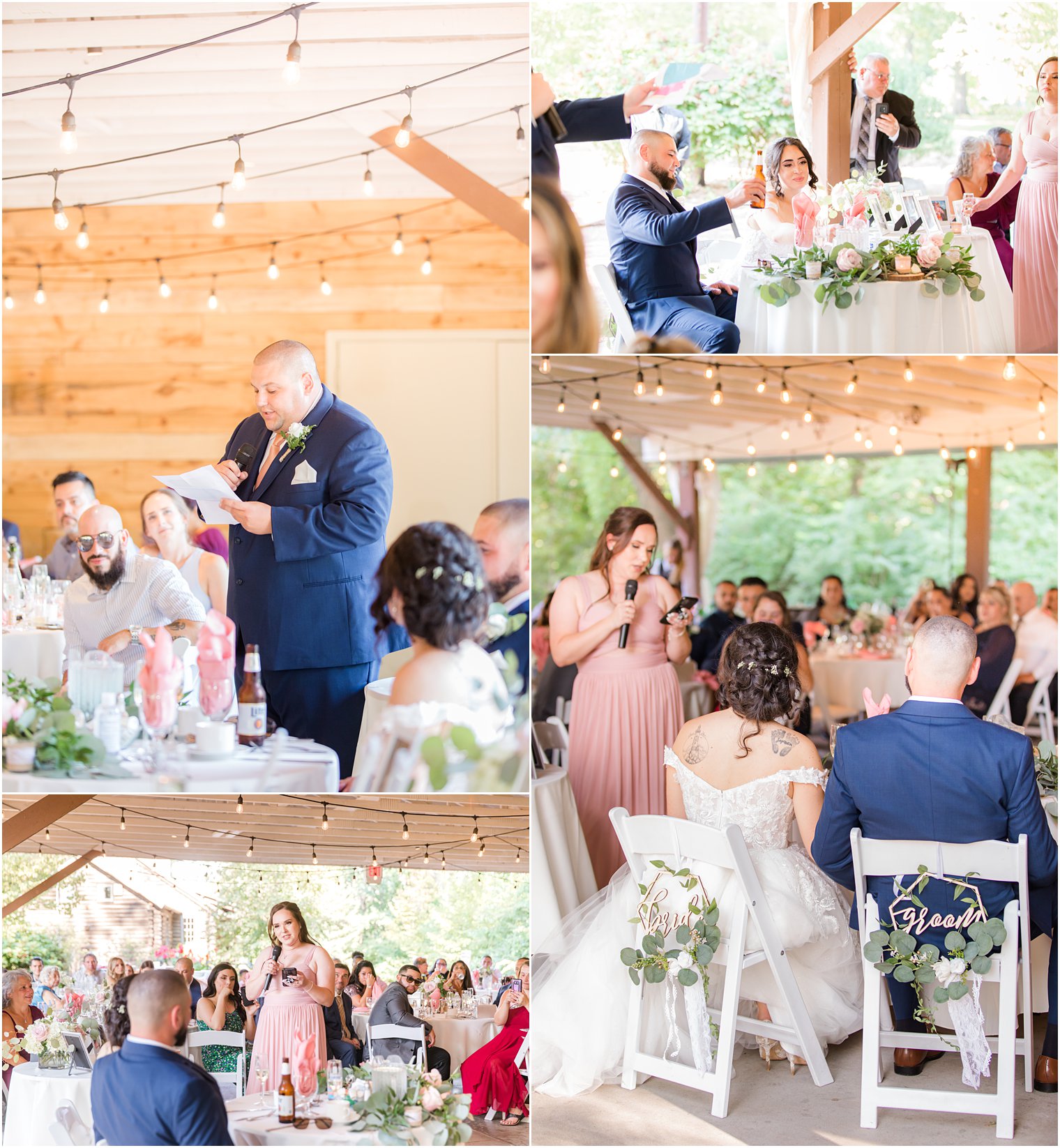 bridal party reads toasts during NJ wedding reception at Rutgers Gardens