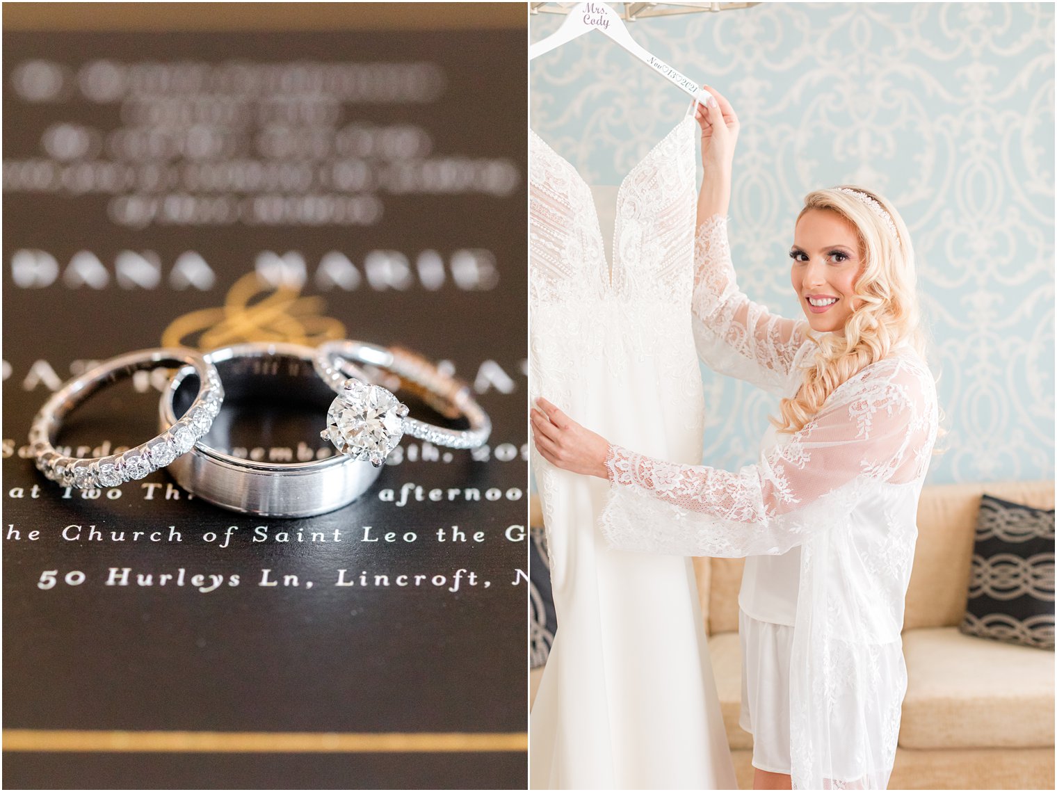 wedding bands on invitation suite and bride admires wedding dress before timeless wedding at the Molly Pitcher Inn