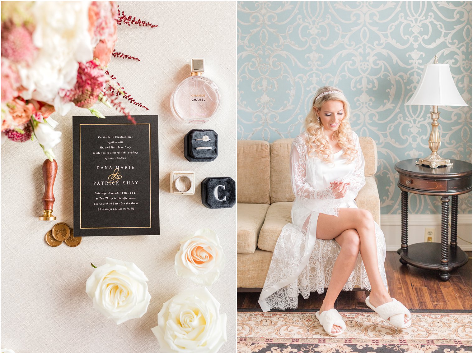 bride looks at engagement ring in bridal suite at the Molly Pitcher Inn