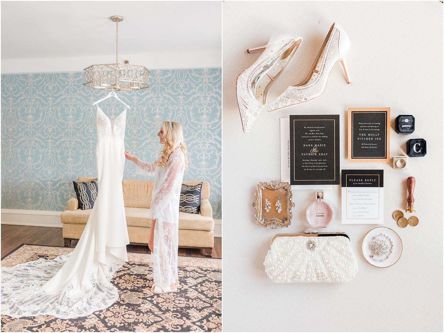 bride prepares for timeless wedding at the Molly Pitcher Inn with wedding gown hanging from chandelier 