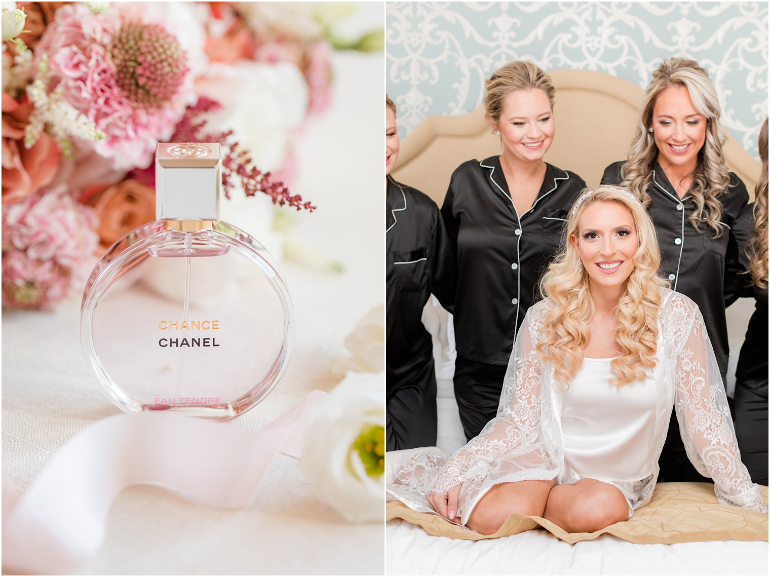 bride sits on bed with bridesmaids before NJ wedding day 