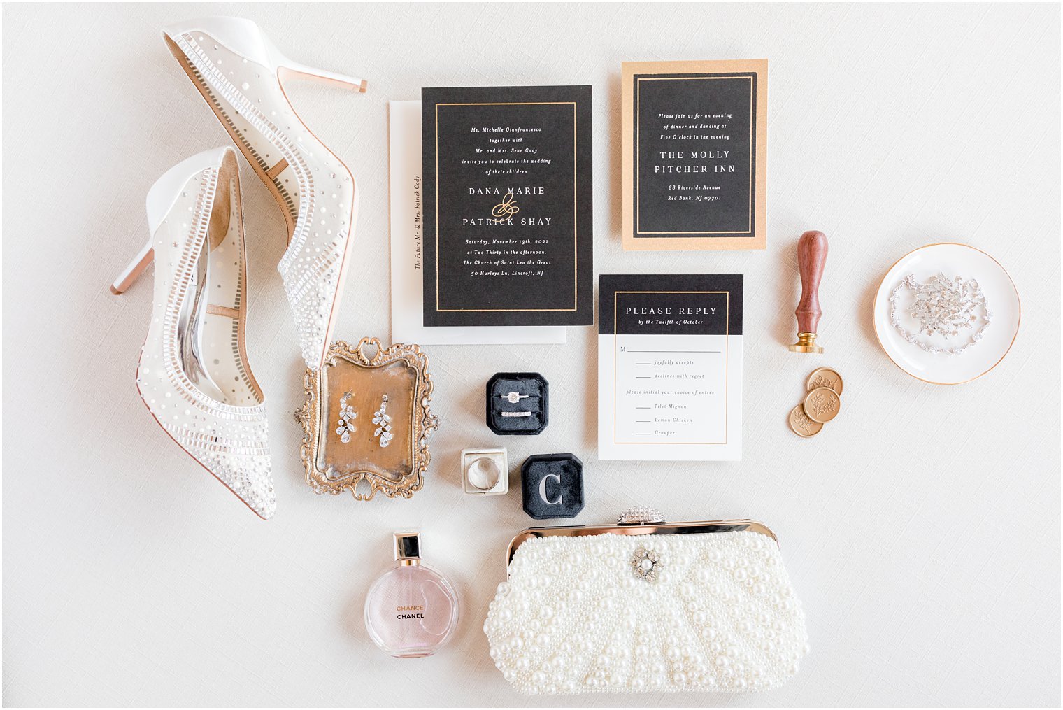 elegant black and gold invitation suite for timeless wedding at the Molly Pitcher Inn