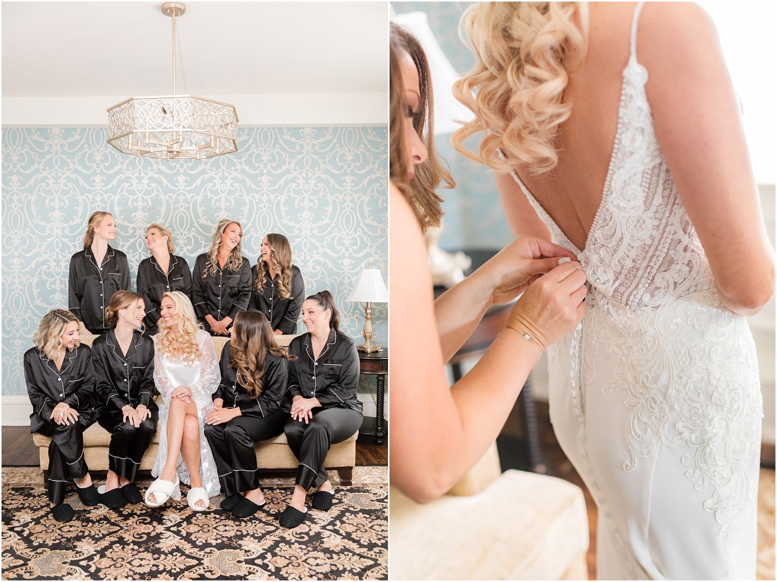 bridesmaid helps bride with buttons on the back of her wedding gown