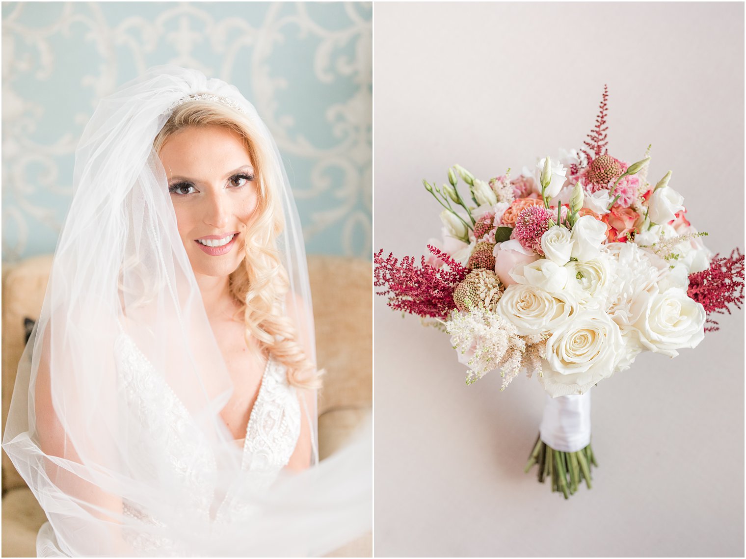 veil drapes around bride for classic portrait in the Molly Pitcher Inn bridal suite 
