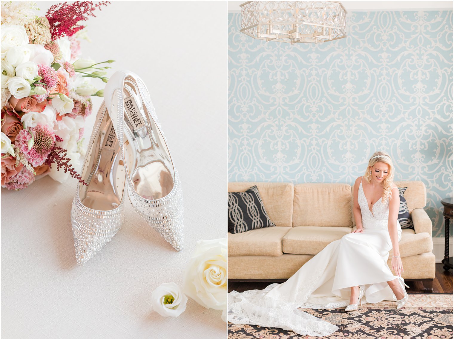 bride puts on shoes for NJ wedding day