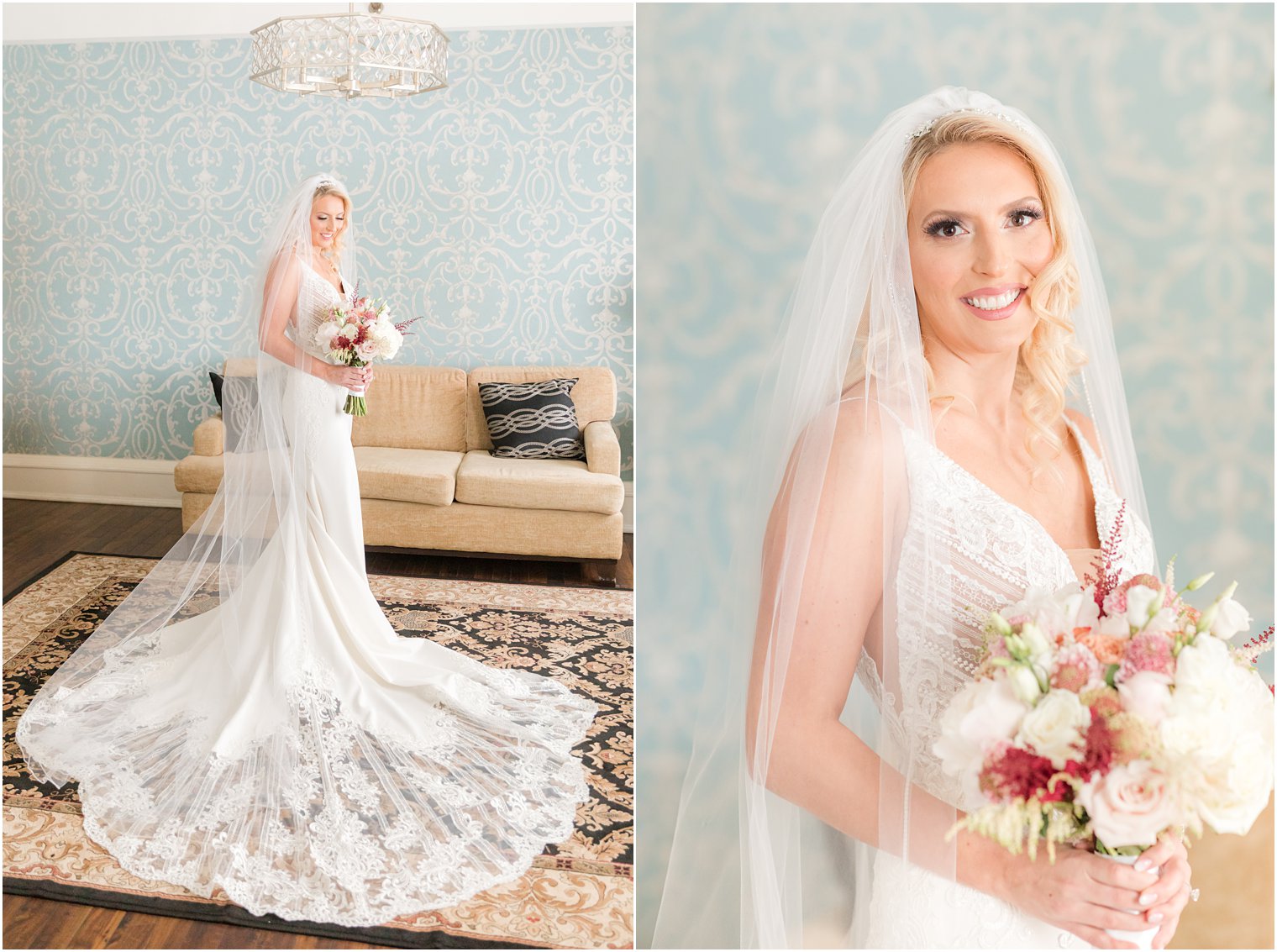 bride holds bouquet of pink and white flowers before fall wedding