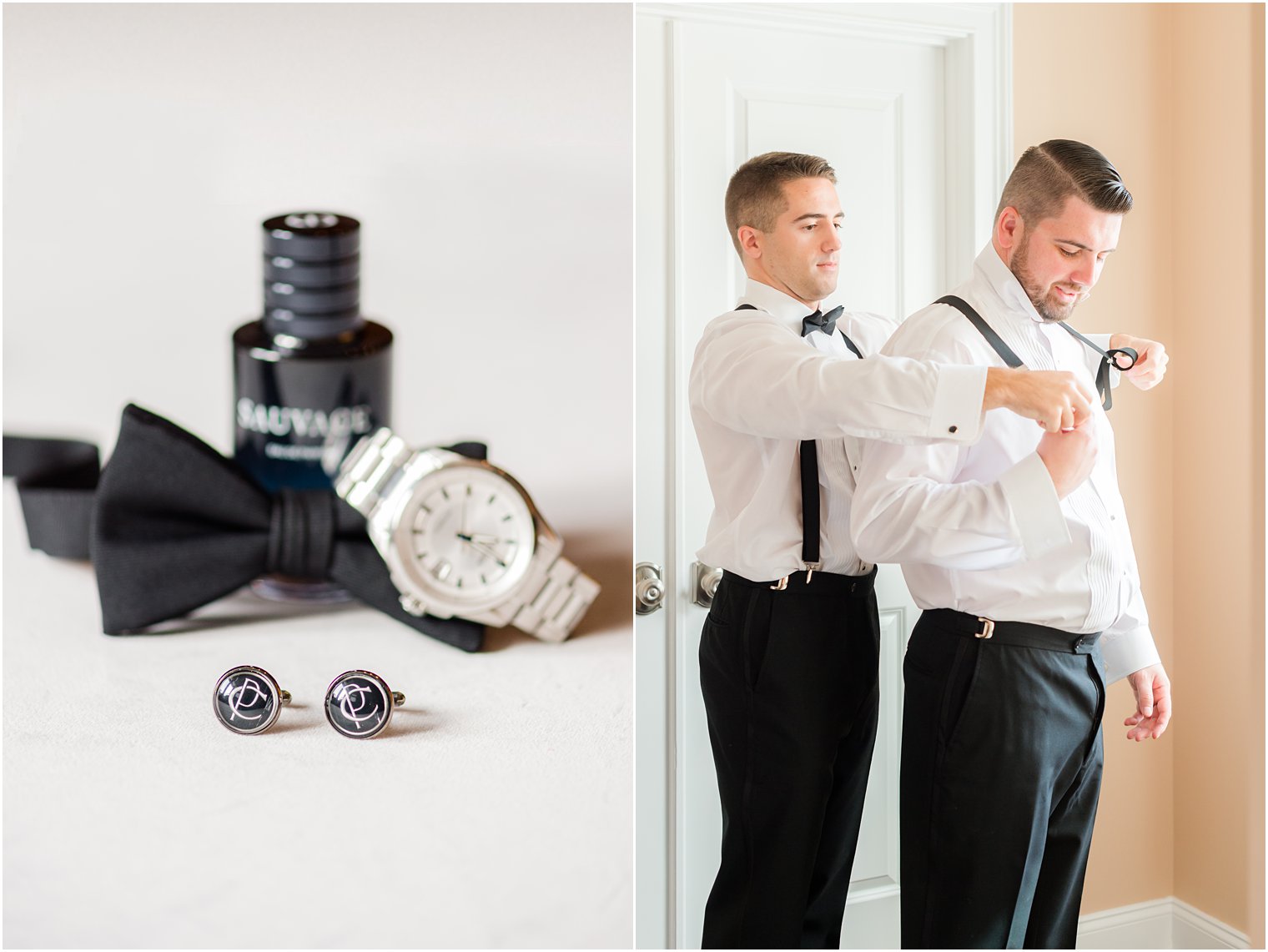 groomsmen helps groom prepare for NJ wedding day