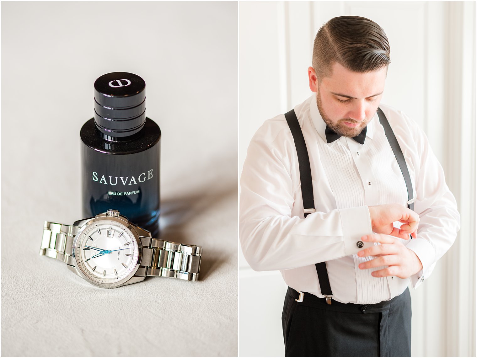 groom adjusts cufflinks for New Jersey wedding day