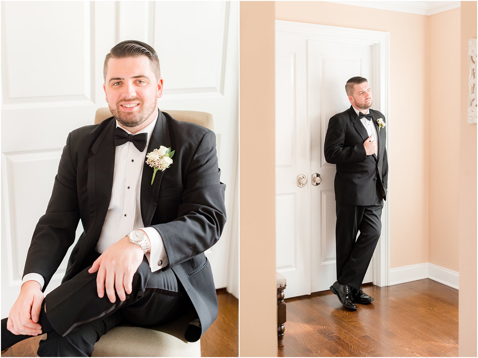 groom leans against closet door after preparing for NJ wedding