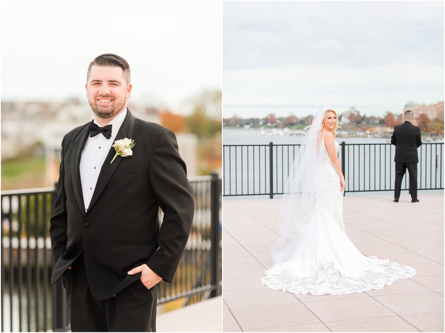 bride approaches groom for first look overlooking the water