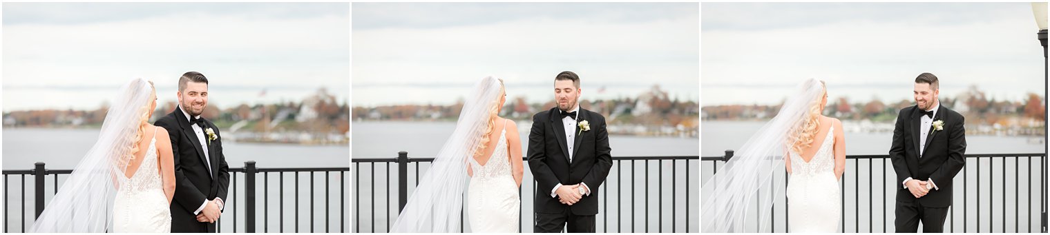 groom reacts to seeing bride in wedding gown during first look at the Molly Pitcher Inn