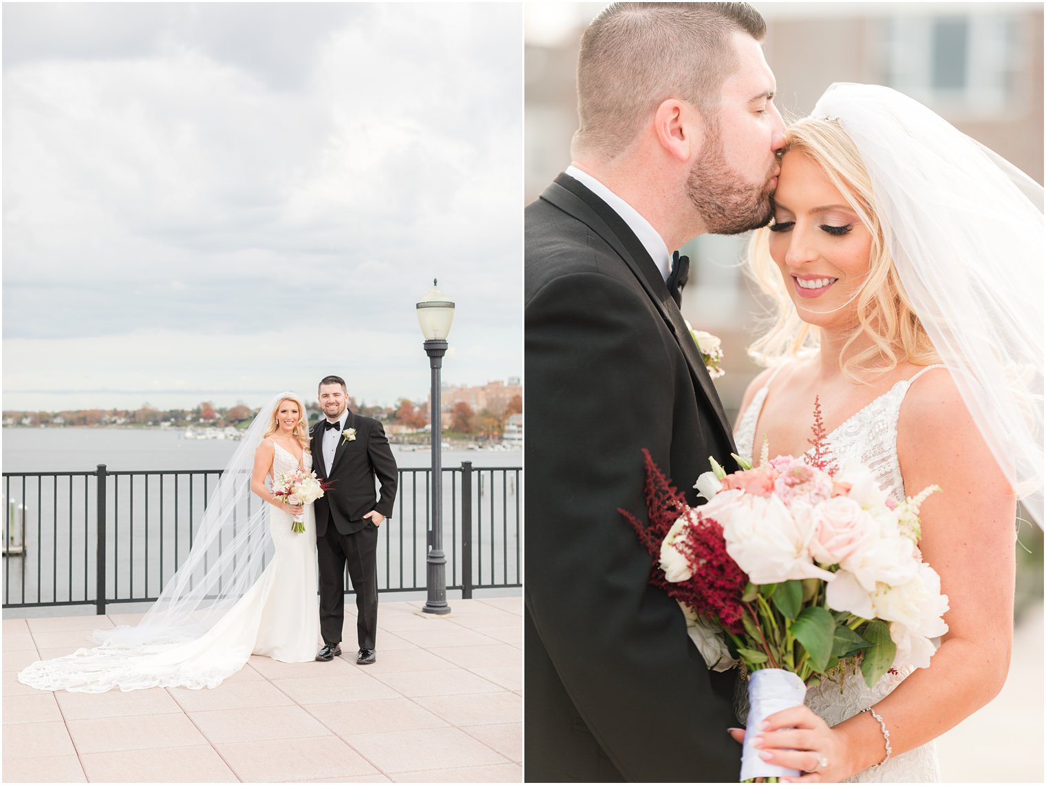 groom kisses bride's forehead during portraits at the Molly Pitcher Inn