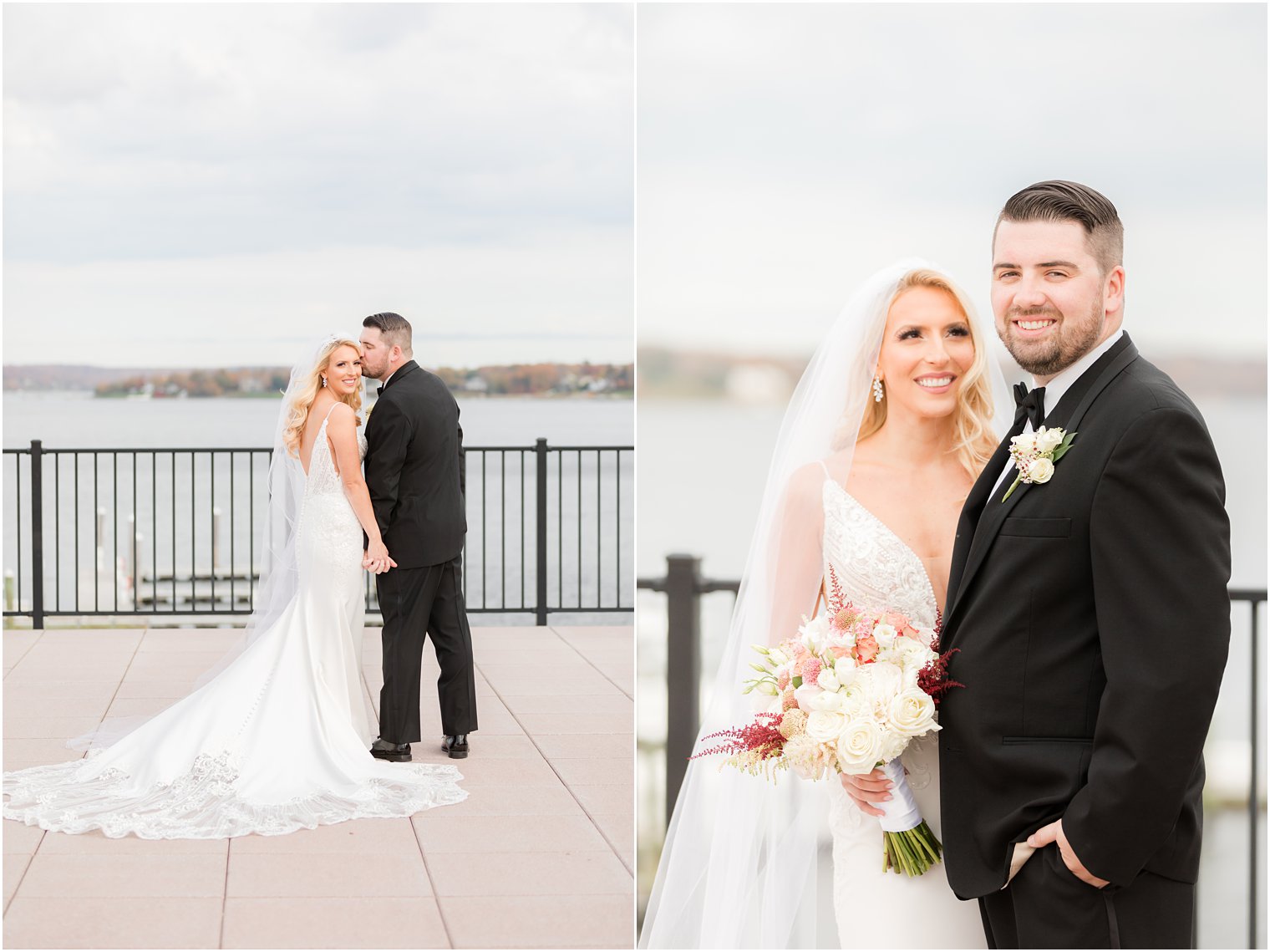 groom kisses bride's forehead while they look at water outside of the Molly Pitcher Inn