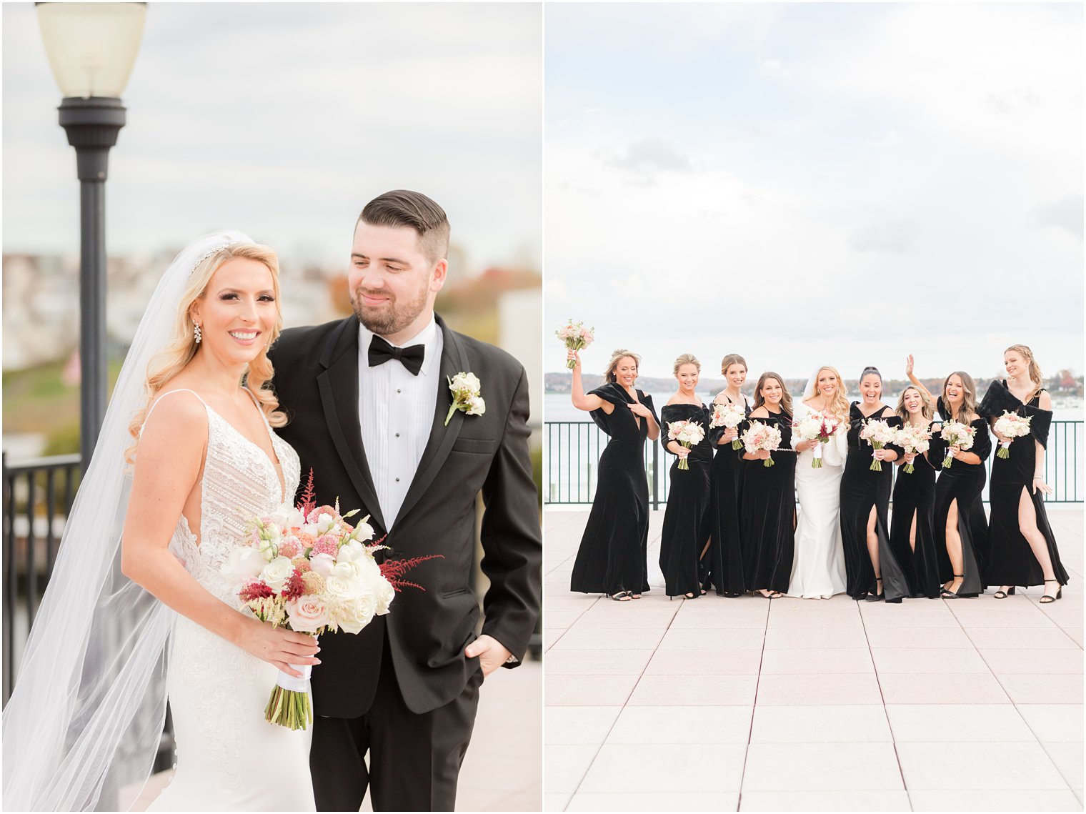 bridesmaids in black dresses and wraps cheer with bride before Molly Pitcher Inn wedding