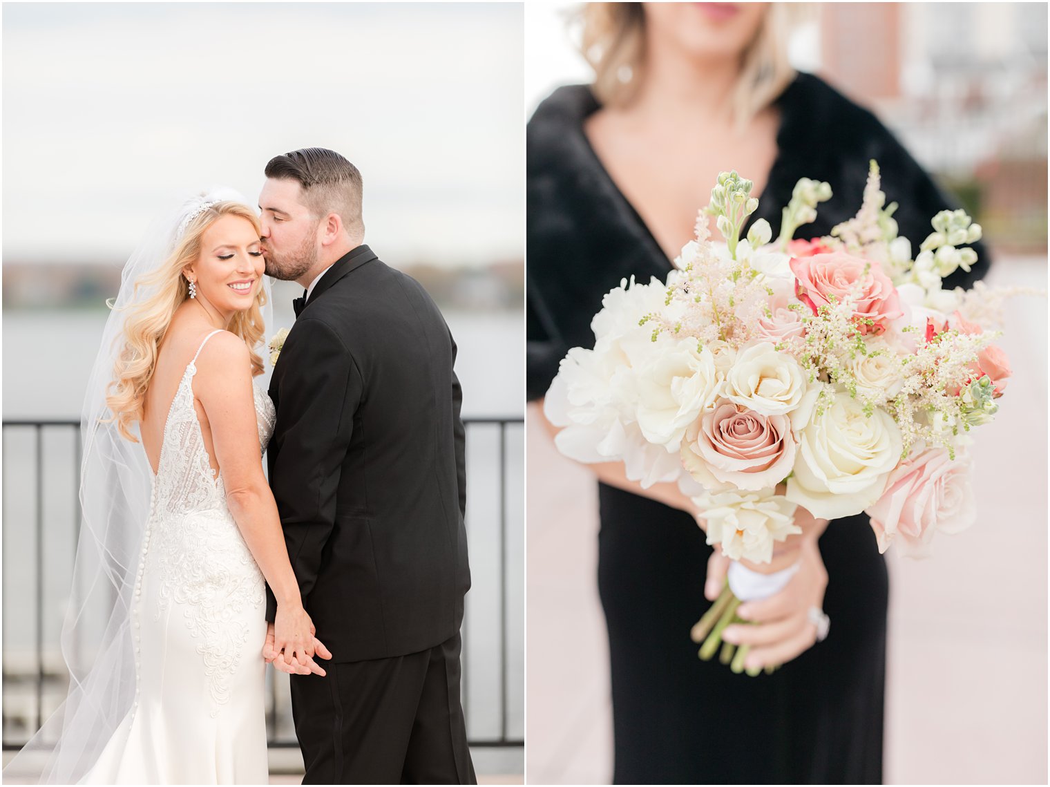 bridesmaid holds pink and ivory rose bouquet for fall wedding at the Molly Pitcher Inn