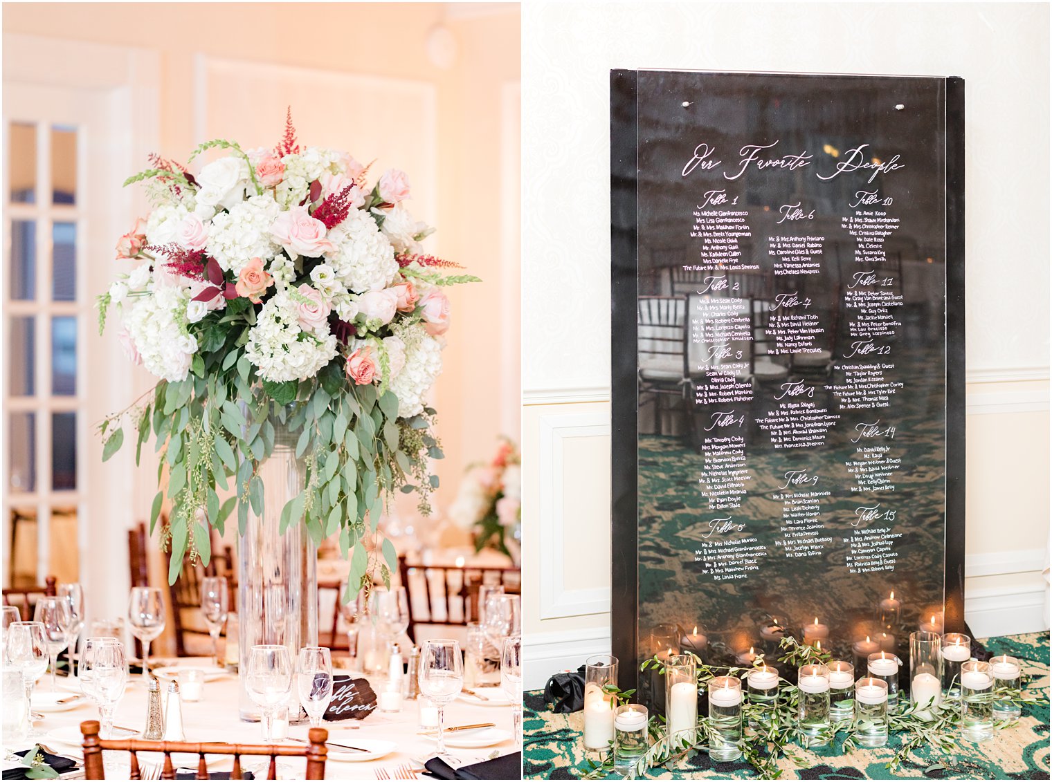 tall floral centerpiece with pink and white flowers at Molly Pitcher Inn