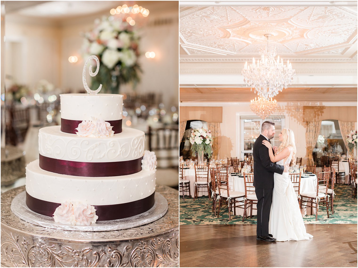 newlyweds see reception space at Molly Pitcher Inn with tiered wedding cake 