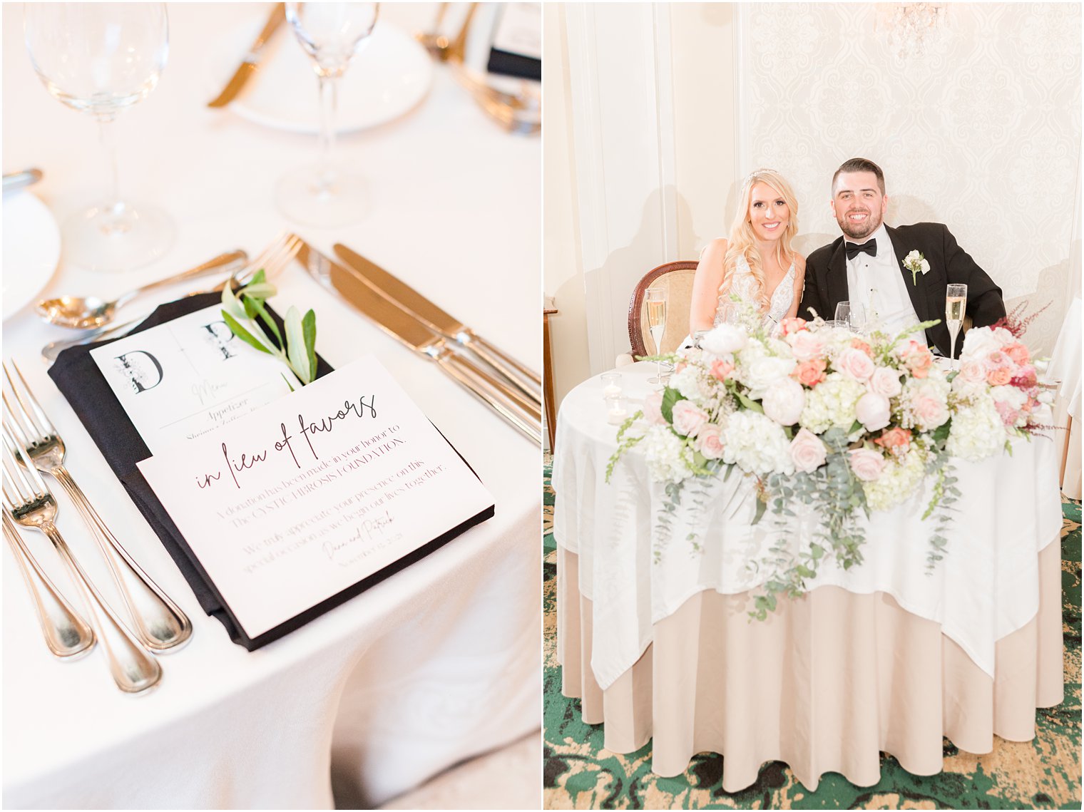 bride and groom sit at sweetheart table at Molly Pitcher Inn