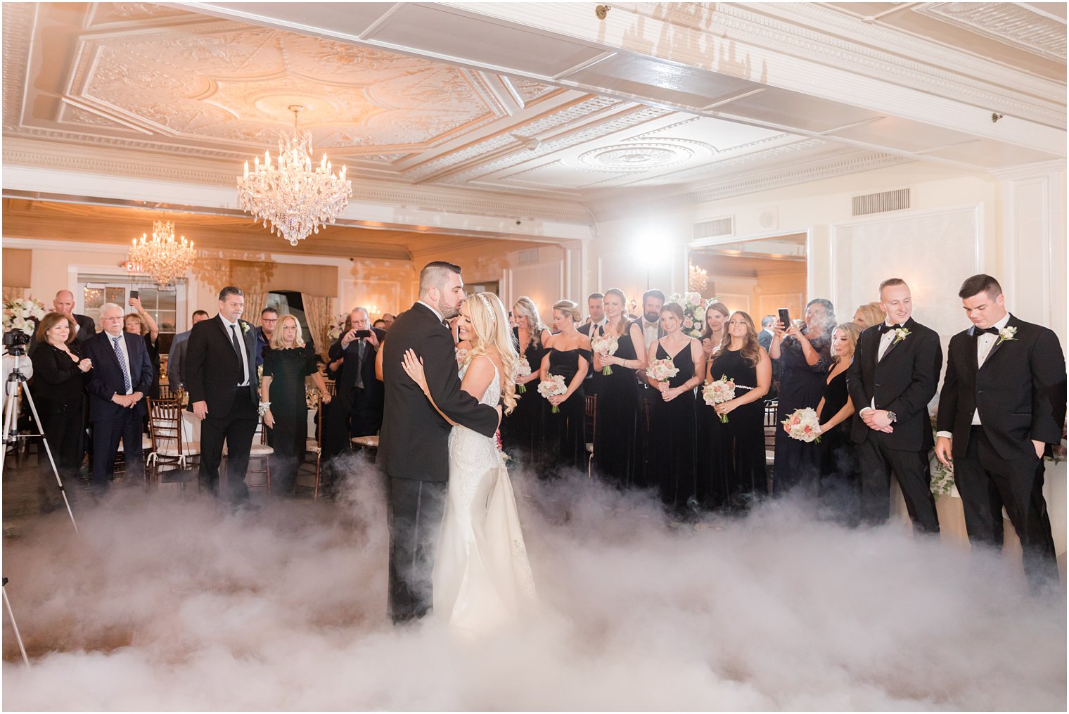 bride and groom dance with fog on dance floor at Molly Pitcher Inn