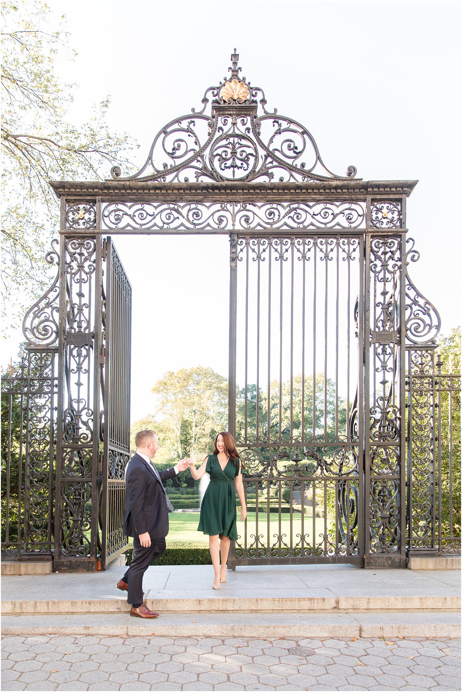 engaged couple at Central Park Conservatory Garden 