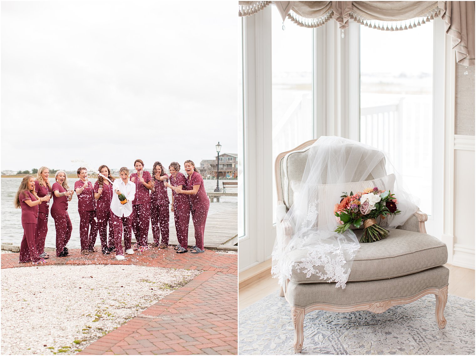 bride pops champagne during prep for New Jersey wedding day