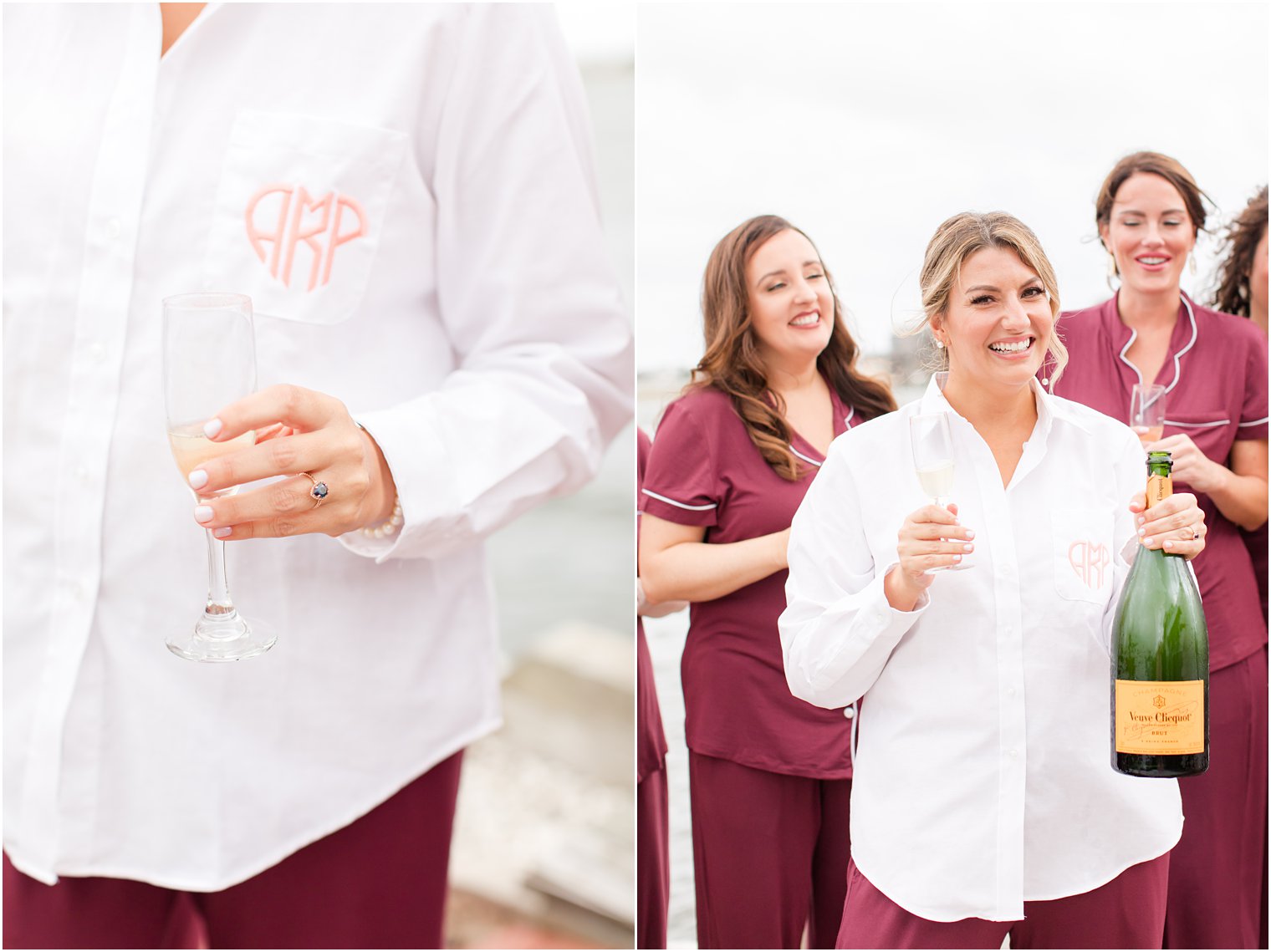 bride holds bottle of champagne showing off custom engagement ring