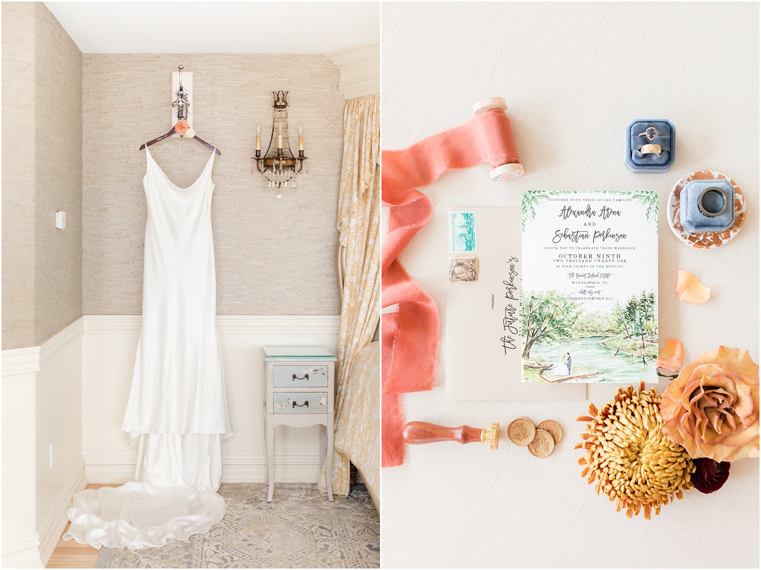 wedding gown hangs in bridal suite at Bonnet Island Estate