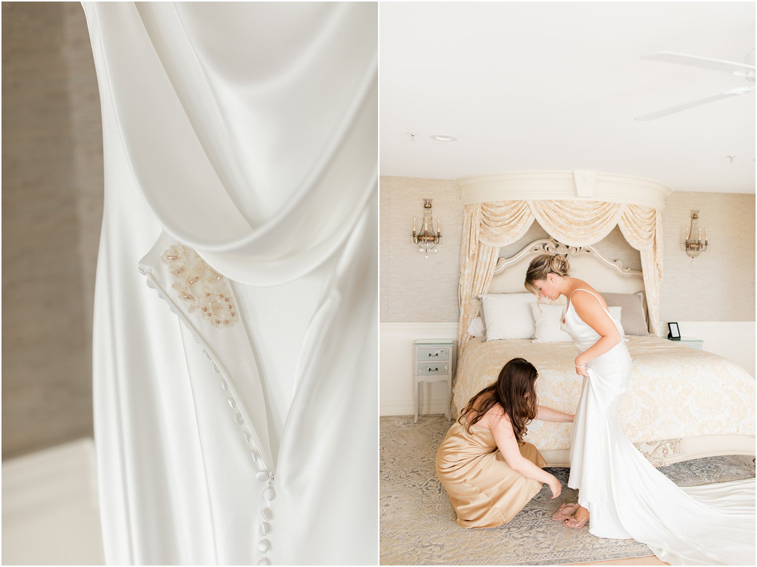 bridesmaid helps bride into modern wedding gown