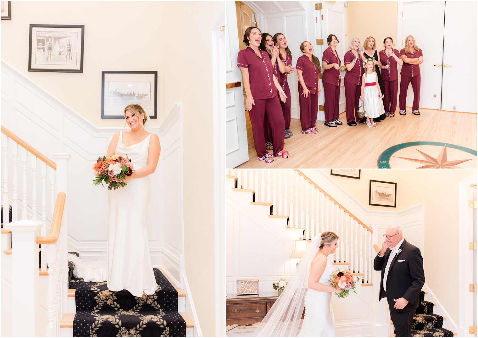 bride's first look with bridesmaids in matching pajamas and dad