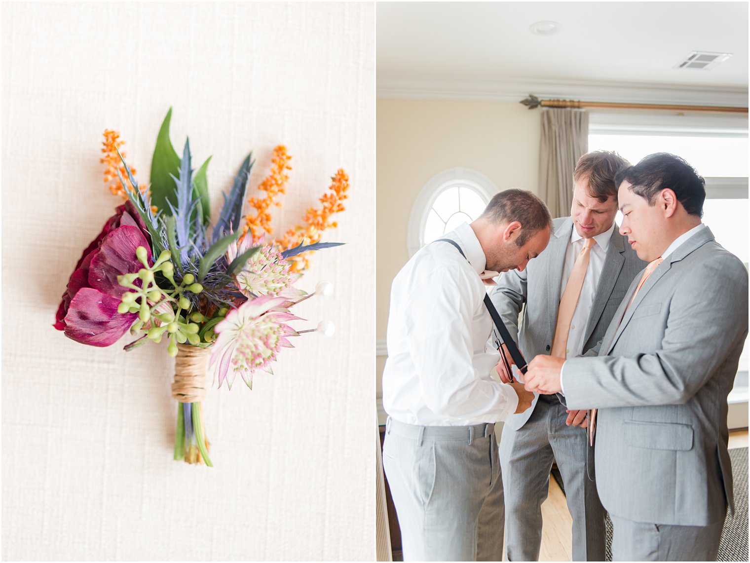 groom prepares for New Jersey wedding day with groomsmen in grey suits
