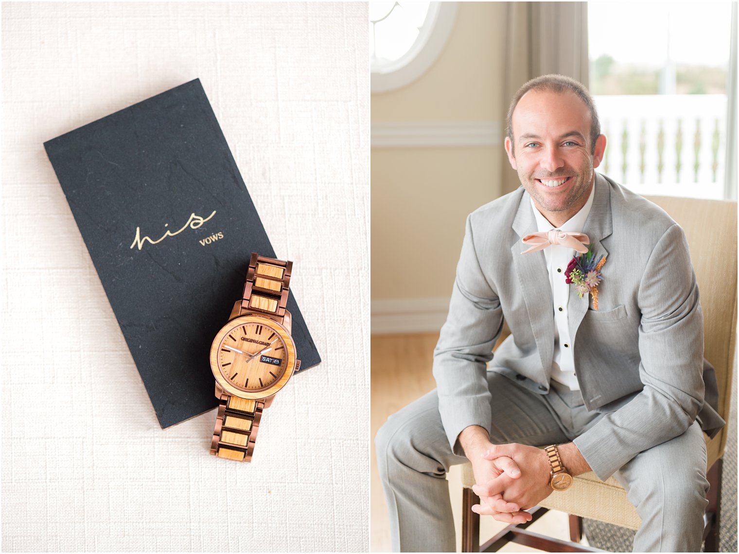 groom sits with new watch at Bonnet Island Estate