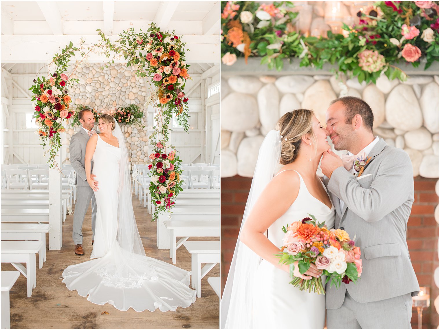 bride and groom kiss by stone fireplace and fall flowers at Bonnet Island Estate