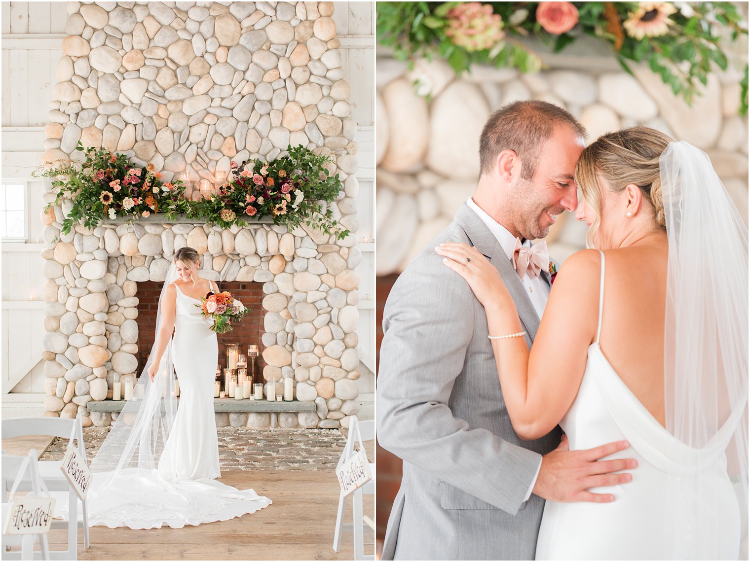 bride poses by fireplace at Bonnet Island Estate