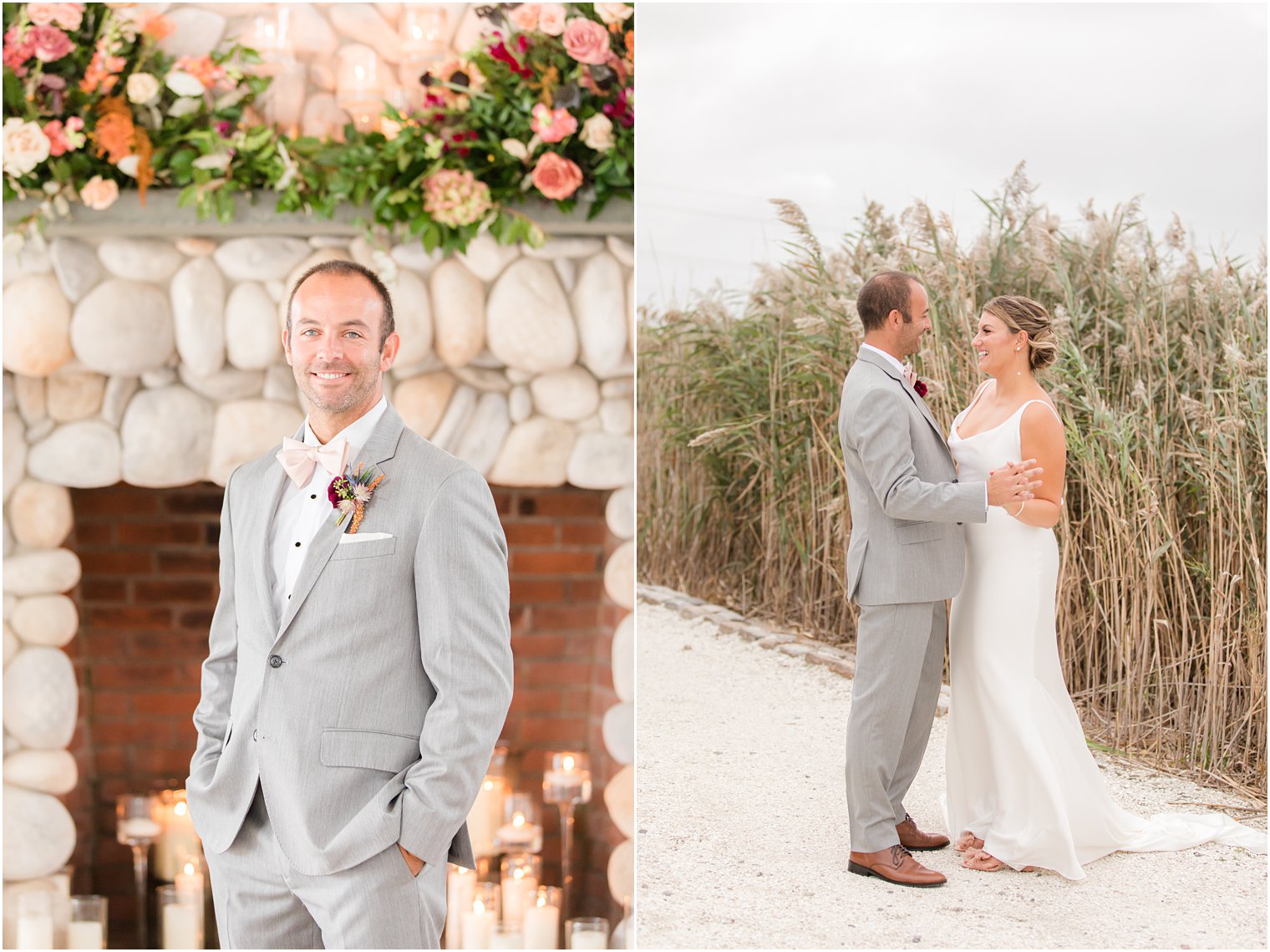 groom poses by stone fireplace in grey suit at Bonnet Island Estate