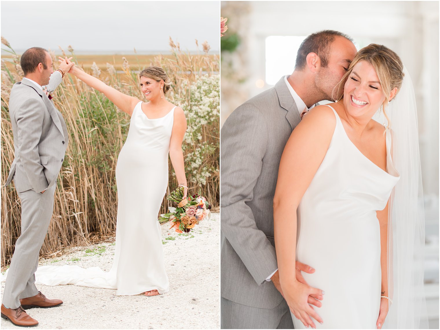 groom twirls bride on sand at Bonnet Island Estate