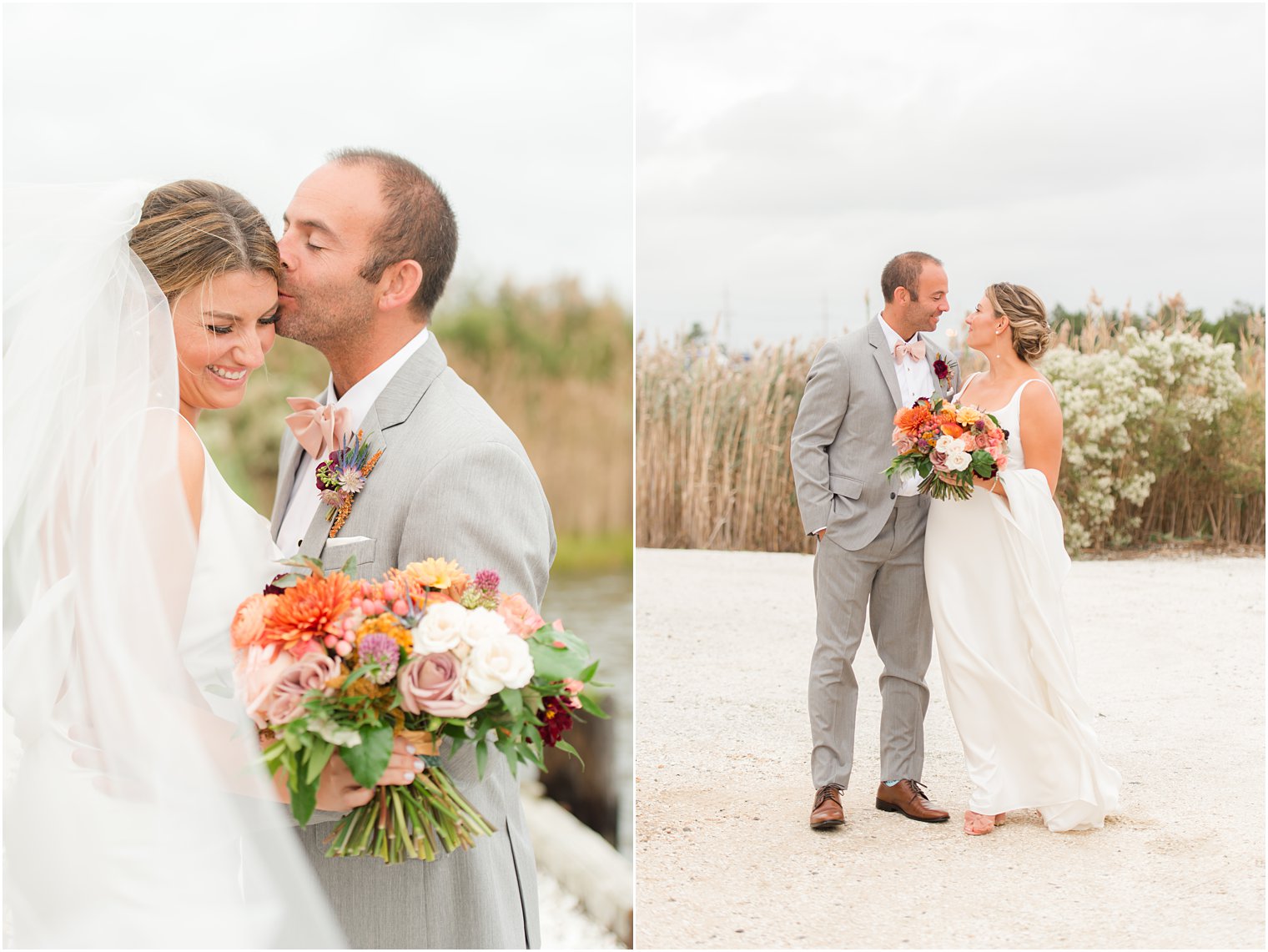 groom kisses bride's forehead during beach wedding portraits in New Jersey