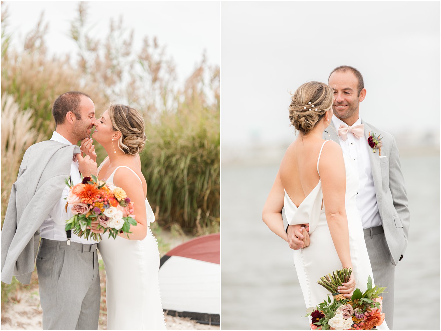 bride and groom kiss on beach in New Jersey during fall wedding portraits 