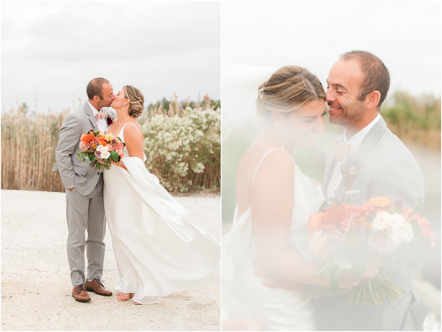 bride and groom kiss during portraits outside Bonnet Island Estate