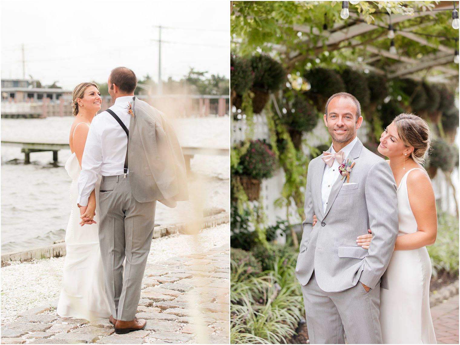 bride and groom pose under garden lights at Bonnet Island Estate