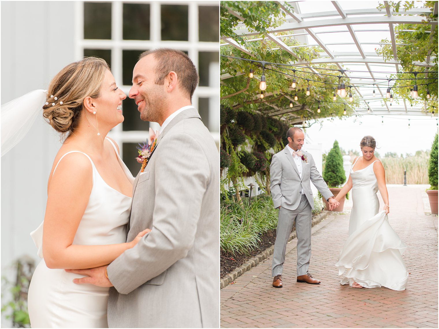 bride twirls wedding dress under bistro lights at Bonnet Island Estate